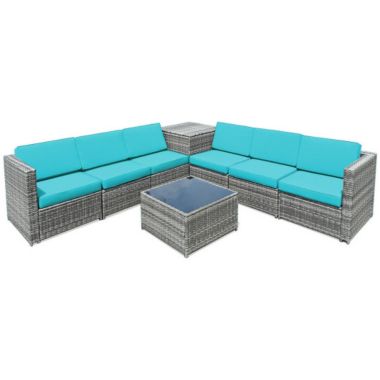 Costway 8 Piece Wicker Sofa Rattan Dinning Set Patio Furniture with Storage Table-Turquoise. View a larger version of this product image.