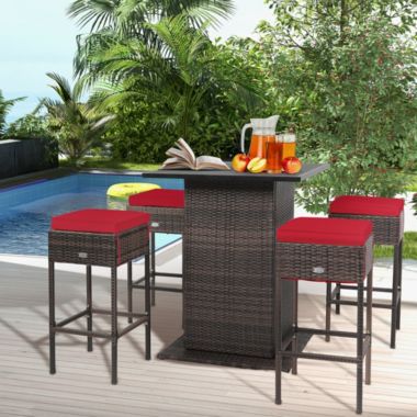 Gymax 5PCS Patio Bar Set Rattan Bar Furniture Set w/ Table & 4 Cushioned Stools Red. View a larger version of this product image.