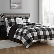 Sweet Home Collection 4 Piece Buffalo Check Plaid Design Reversible to Solid Color with 2 Shams & Throw Pillow, Full/Queen, Black/White