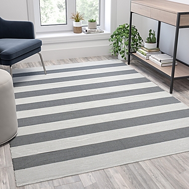 Emma and Oliver 5&#39; x 7&#39; Indoor/Outdoor Handwoven Grey & White Striped Cabana Style Area Rug. View a larger version of this product image.