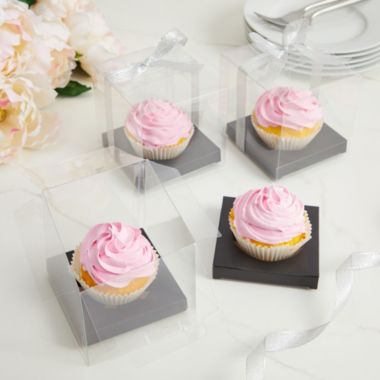 Sparkle And Bash 24 Pack Clear Individual Cupcake Boxes For Wedding Favors Silver Satin Ribbon And Black Inserts Included 4 3 X 3 7 In Bed Bath Beyond