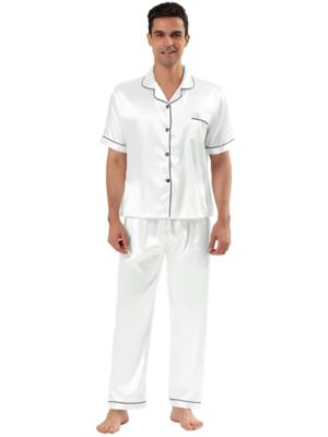 TATT 21 Men&#39;s Classic Satin Short Sleeves Button Down Pajama Sets L White