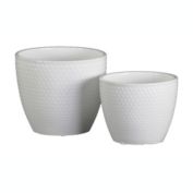 Urban Trends Collection Ceramic Round Pot with Embossed Lattice Cross Design Body and Tapered Bottom Set of Two Gloss Finish White