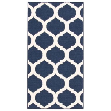 Chaudhary Living 2.5' x 5' Navy Blue and Off White Moroccan Rectangular Outdoor Area Throw Rug. View a larger version of this product image.