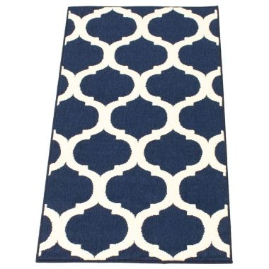 Chaudhary Living 2.5' x 5' Navy Blue and Off White Moroccan Rectangular Outdoor Area Throw Rug. View a larger version of this product image.