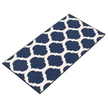 Chaudhary Living 2.5' x 5' Navy Blue and Off White Moroccan Rectangular Outdoor Area Throw Rug. View a larger version of this product image.