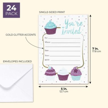 Juvale Cupcake Invitation Cards - 24 Fill-in Invites with Envelopes for Kids Birthday Party and Baby Shower 5 x 7 inches Postcard Style. View a larger version of this product image.