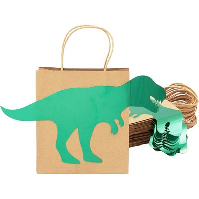 Blue Panda Dinosaur Party Favor Bags for Kids Birthday (8 x 9 in, Green Foil, 24 Pack)