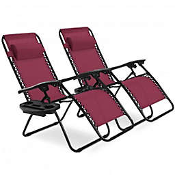 Costway 2 pcs Folding Lounge Chair with Zero Gravity-Wine