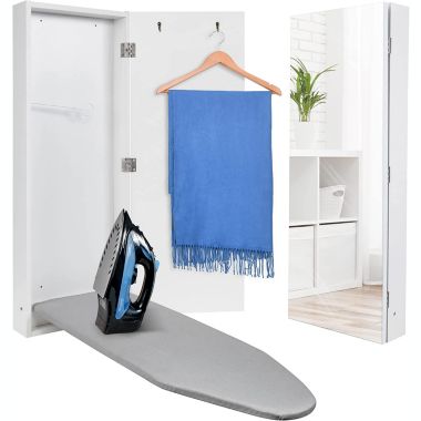 Ivation Wall-Mounted Ironing Board Cabinet, Foldable Ironing Storage Station, Easy-Release Lever, Garment Hooks, with Full Mirror Door, White. View a larger version of this product image.