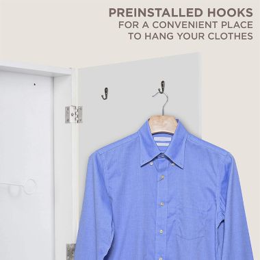 Ivation Wall-Mounted Ironing Board Cabinet, Foldable Ironing Storage Station, Easy-Release Lever, Garment Hooks, with Full Mirror Door, White. View a larger version of this product image.