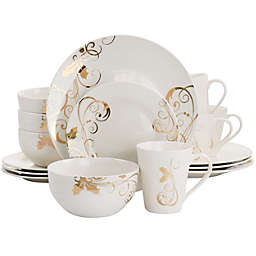 Gibson Home Seasoned Gold Fine Ceramic 16 Piece Dinnerware Set in White and Gold