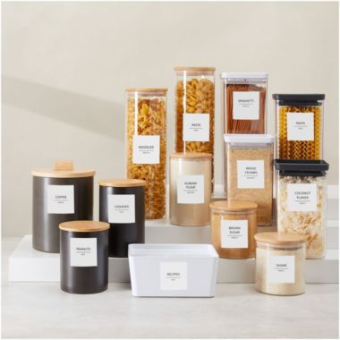 Talented Kitchen 144 Fine Line Pantry Organization Labels for Food Storage Containers, Preprinted Black All Caps on Matte White Vinyl Stickers + Numbers for Minimalist Style Kitchen (Water Resistant). View a larger version of this product image.