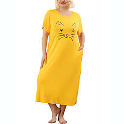 Agnes Orinda Women's Plus Size Nightgown Pajamas Pockets Soft Comfy Cute Cat Sleepwear Nightgowns, Leisure Rayon Sleep Dress Round Neck Slit Pocket Midi Nightdress with Cat Print, 2X Yellow