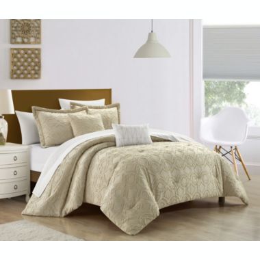 Chic Home Jane Comforter Set Clip Jacquard Geometric Quatrefoil Pattern Design Bedding - Decorative Pillows Shams Included - 5 Piece - King 104x90", Beige. View a larger version of this product image.