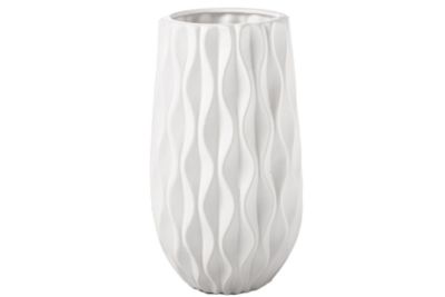 Urban Trends Collection Ceramic Round Vase with Embossed Wave Design and Rounded Bottom LG Finish Matte White