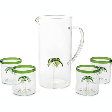 Palm Tree Pitcher Mexican Glassware Set with 4 Green Rim Palm Tree Glasses 9oz by The Wine Savant - Elegant Palm Tree Glass Set, Great for Iced Tea, Sangria, Lemonade, and More! 1300ml 9" H. View a larger version of this product image.