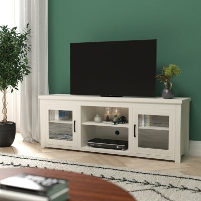 Emma + Oliver Liam TV Stand for up to 80" TV's in White Wash Finish - 65" Media Console with Classic Full Glass Doors & 3 Adjustable Shelves