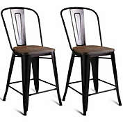 Slickblue Copper Barstool Set of 2 Metal Wood Counter Chairs with Wood Top and High Backrest