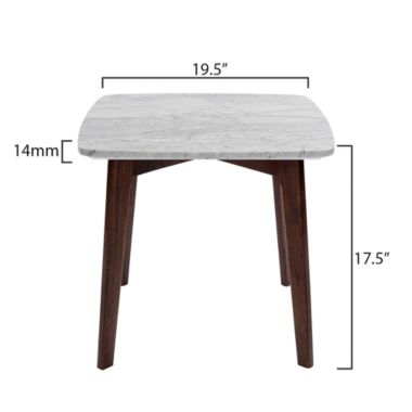 The Bianco Collection Gavia 19.5" Square Italian Carrara White Marble Side Table with Walnut Legs. View a larger version of this product image.