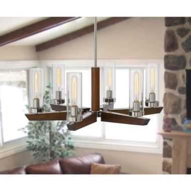 Cal Lighting 60W X 6 Ercolano Pine Wood/Metal Chandelier With Clear Glass Shade (Edison Bulbs Not Included), Wood/Brushed Steel. View a larger version of this product image.