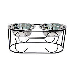YML Group Modern Durable Double Stainless Steel Feeder Bowls with Wrought Iron Stand, Small