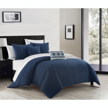 NY&C Home Davina 9 Piece Comforter Set Geometric Hexagonal Pattern Design Bed In A Bag Bedding - Sheets Pillowcases Decorative Pillows Shams Included, King, Navy Blue. View a larger version of this product image.