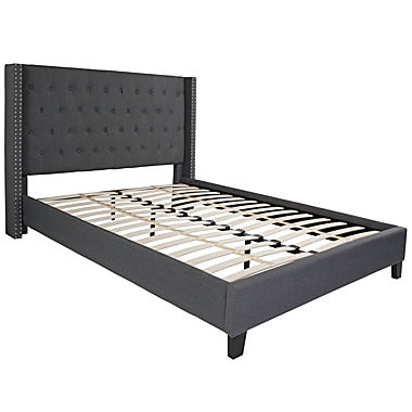 Emma + Oliver Queen Accent Extended Panel Platform Bed in Dark Gray Fabric. View a larger version of this product image.