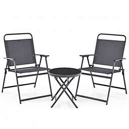 Costway 3 Pieces Outdoor Bistro Set with Folding Table and Chairs for Garden-Gray
