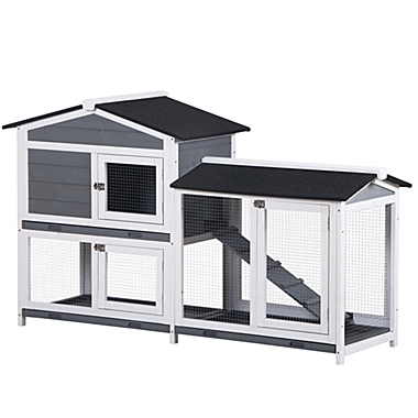 PawHut 2-Tier Wood Rabbit Hutch, Backyard Bunny Cage Small Animal House  with Ramp and Outdoor Run, Grey | Bed Bath & Beyond