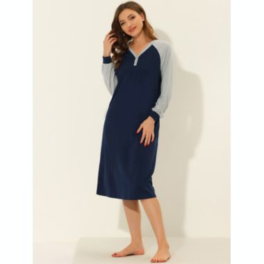 cheibear Women's Loungewear Pajamas, Soft One Piece Nightshirt Long Sleeves V-neck Button Up Dress Nightgown, Blue S. View a larger version of this product image.