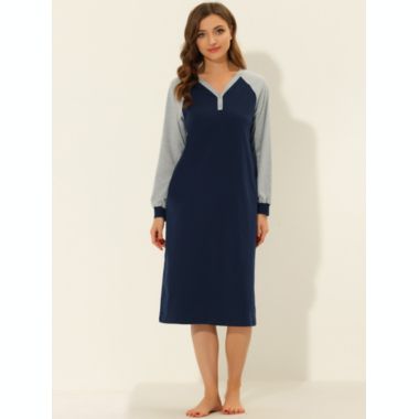 cheibear Women's Loungewear Pajamas, Soft One Piece Nightshirt Long Sleeves V-neck Button Up Dress Nightgown, Blue S. View a larger version of this product image.