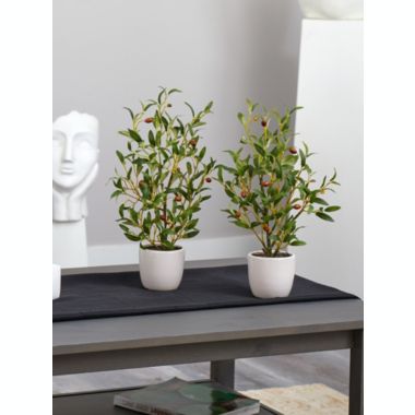 Nearly Natural Set of 2 Artificial Silk Olive Tree with White Vase 18". View a larger version of this product image.