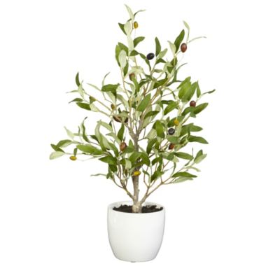 Nearly Natural Set of 2 Artificial Silk Olive Tree with White Vase 18". View a larger version of this product image.
