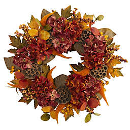 Nearly Natural Fall Harvest Hydrangea Lotus and Berries Artificial Floral Wreath, Red and Brown 24-Inch