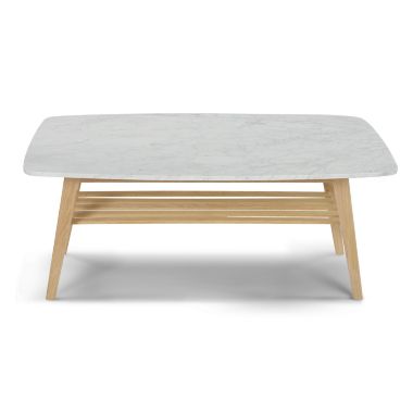 The Bianco Collection Laura 43" Rectangular Italian Carrara White Marble Coffee Table with Oak Shelf. View a larger version of this product image.