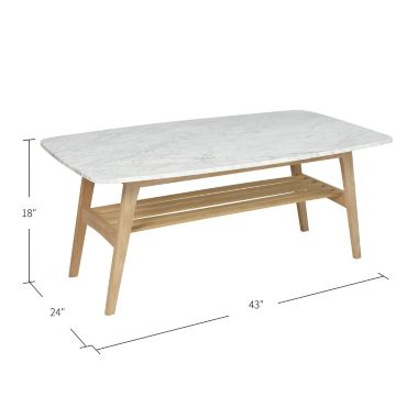 The Bianco Collection Laura 43" Rectangular Italian Carrara White Marble Coffee Table with Oak Shelf. View a larger version of this product image.