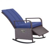 Outsunny Outdoor Rattan Wicker Rocking Chair Patio Recliner with Soft Cushion, Adjustable Footrest, Max. 135 Degree Backrest, Blue