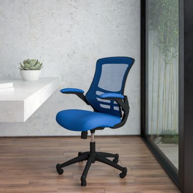 Flash Furniture Kelista Mid-Back Blue Mesh Swivel Ergonomic Task Office Chair with Flip-Up Arms. View a larger version of this product image.
