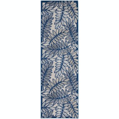 Nourison Aloha Floral Leaf Outdoor Area Rug Ivory/Navy 2' x 6'. View a larger version of this product image.