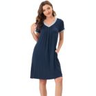 Alternate image 0 for cheibear Women's Soft Sleepwear Lounge Dress V-neck with Pockets Soft Nightshirt Pajama Nightgown, Medium Blue