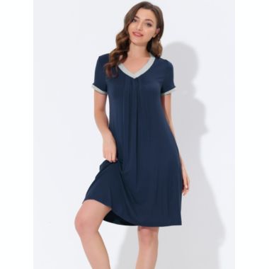 cheibear Women's Soft Sleepwear Lounge Dress V-neck with Pockets Soft Nightshirt Pajama Nightgown, Medium Blue. View a larger version of this product image.