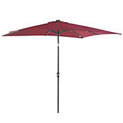 Outsunny 9&#39; x 7&#39; Patio Umbrella Outdoor Table Market Umbrella with Crank, Solar LED Lights, 45° Tilt, Push-Button Operation, for Deck, Backyard, Pool and Lawn, Wine Red