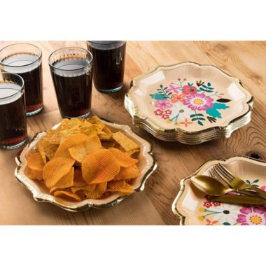 Blue Panda Disposable Plates - 24-Count Paper Plates, Vintage Floral Party Supplies for Appetizer, Lunch, Dinner, and Dessert, Bridal Showers, Weddings, Gold Foil Scalloped Edge Design, 9.2 x 9.2 inches. View a larger version of this product image.