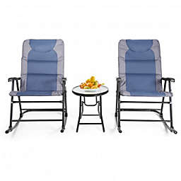 Costway 3 Pcs Outdoor Folding Rocking Chair Table Set with Cushion-Blue