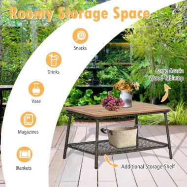 Costway 5 Pieces Patio Rattan Furniture Set Cushioned Sofa Armrest Wooden Tabletop-Off White. View a larger version of this product image.