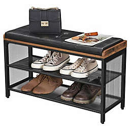 Slickblue Black Metal Entryway Shoe Rack Storage Bench with Padded Seat Cushion