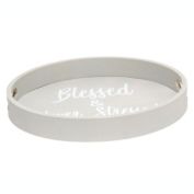 Elegant Designs Decorative 13.75" Round Wood Serving Tray with Handles, "Blessed & Never Stressed"