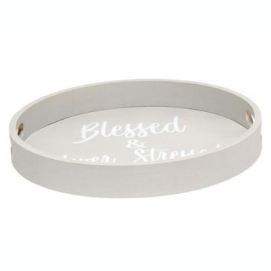 Elegant Designs Decorative 13.75" Round Wood Serving Tray with Handles, "Blessed & Never Stressed". View a larger version of this product image.