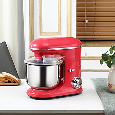 HOMCOM Stand Mixer with 6+1P Speed, 600W Tilt Head Kitchen Electric Mixer with 6 Qt Stainless Steel Mixing Bowl, Beater, Dough Hook and Splash Guard for Baking Bread, Cakes, and Cookies, Red. View a larger version of this product image.